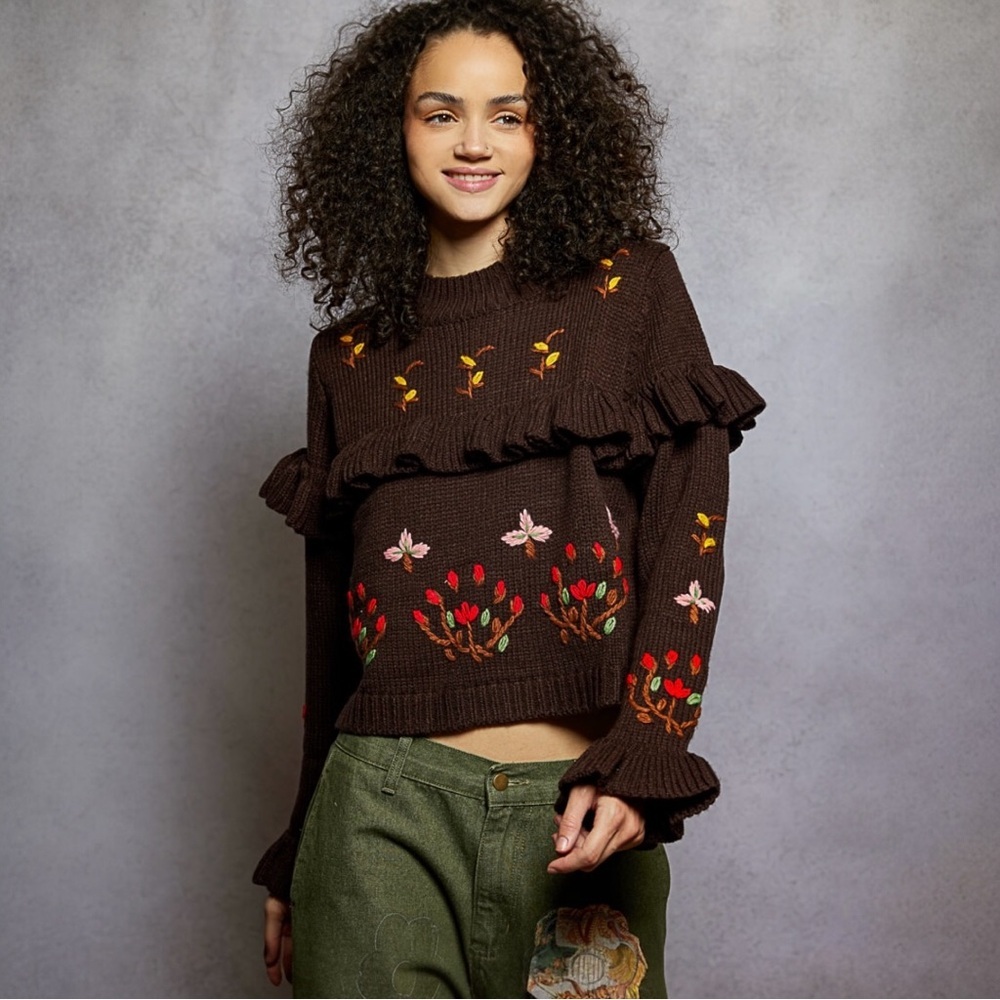NWT POL Brown Floral Ruffle Sweater